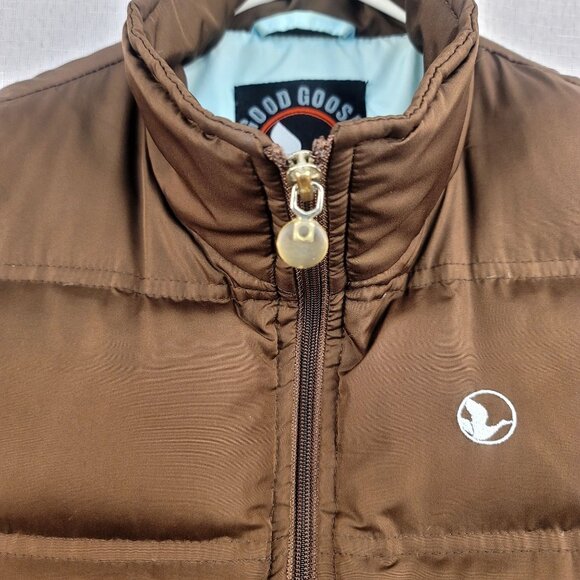 Good Goose Puffer Vest Goose Down Feather Medium Zip Pockets Brown Powder Blue - Picture 2 of 12